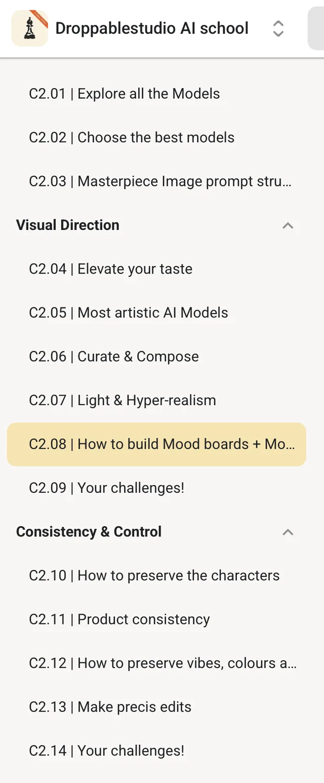 Phase 2: AI Image Creation — lesson list in the Skool classroom