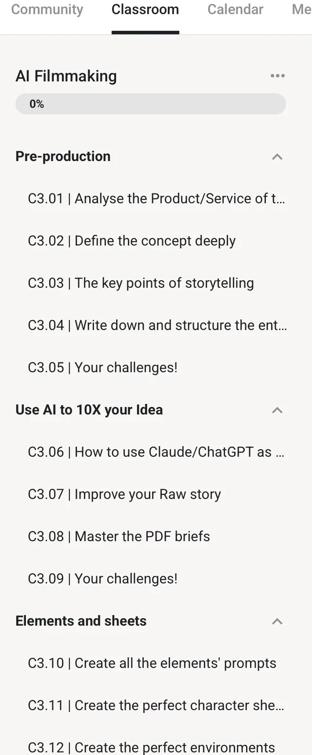 Phase 3: AI Filmmaking — lesson list in the Skool classroom