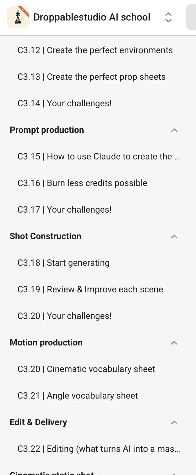 Phase 3: AI Filmmaking — production — lesson list in the Skool classroom