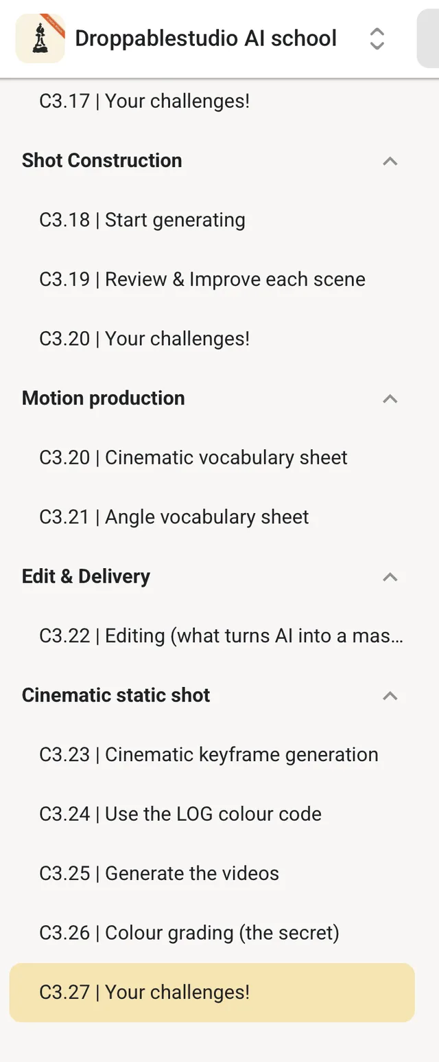 Phase 3: AI Filmmaking — the finish — lesson list in the Skool classroom