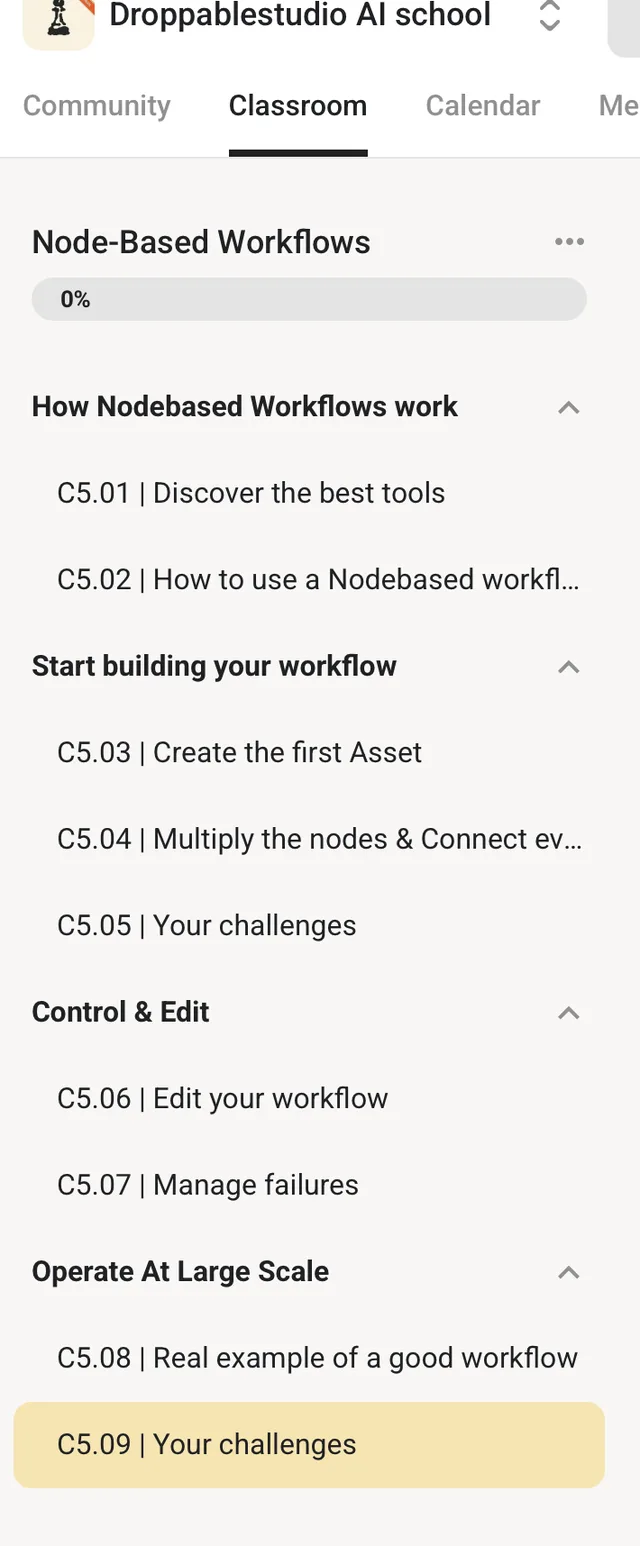 Phase 5: Node-Based Workflows — lesson list in the Skool classroom