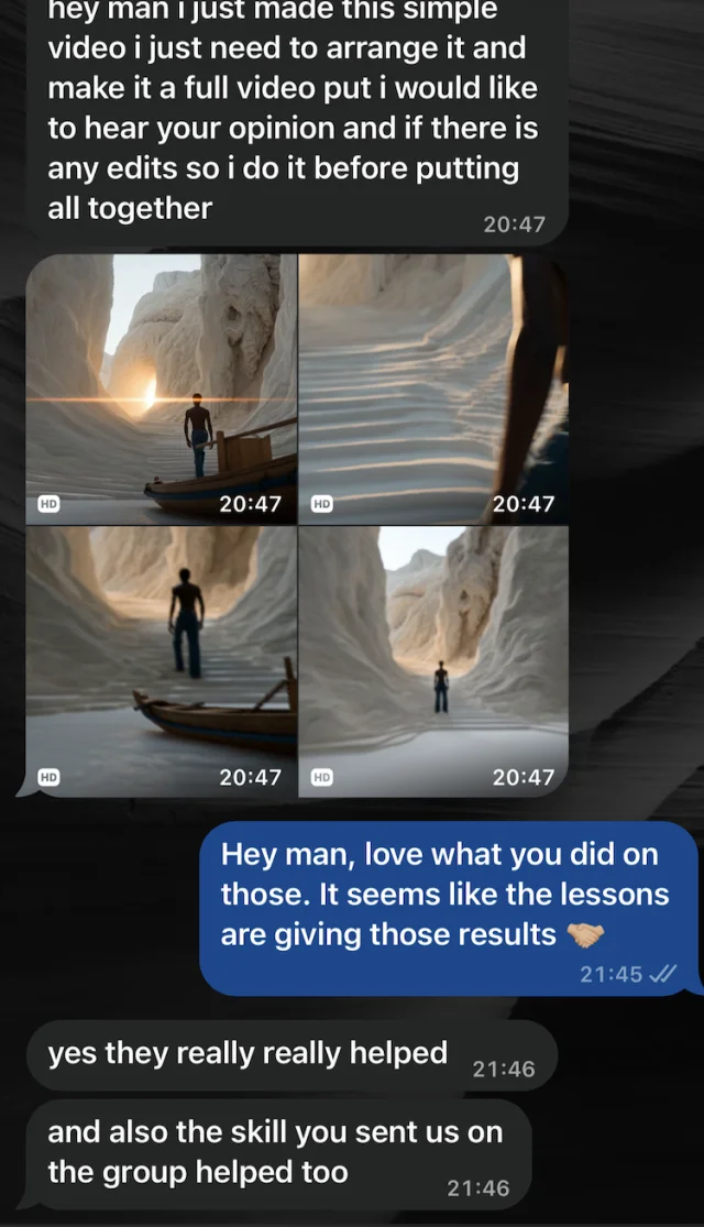A student sharing his AI video shots: "yes they really really helped"